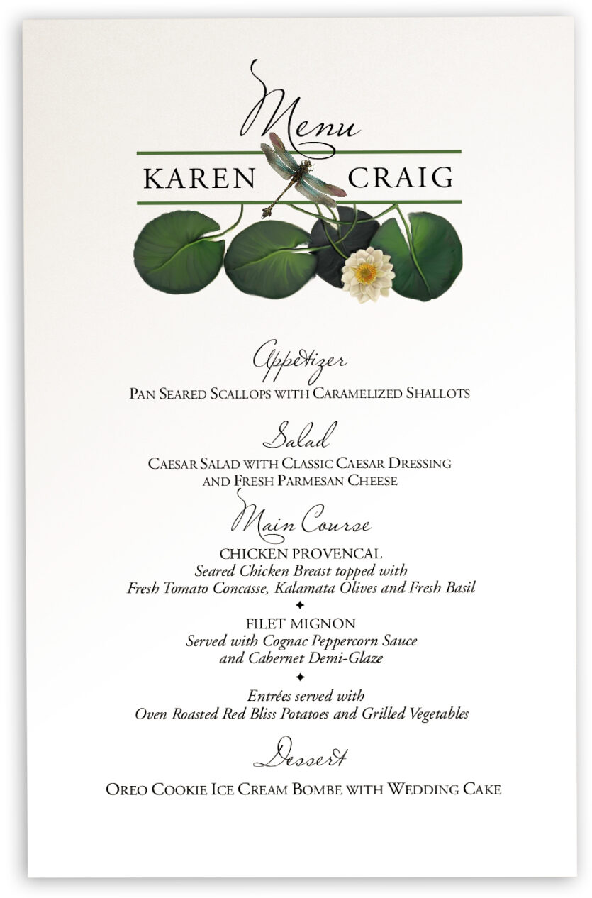 Water Lily Patch and Dragonfly Wedding Menu Cards, Custom Menu Cards
